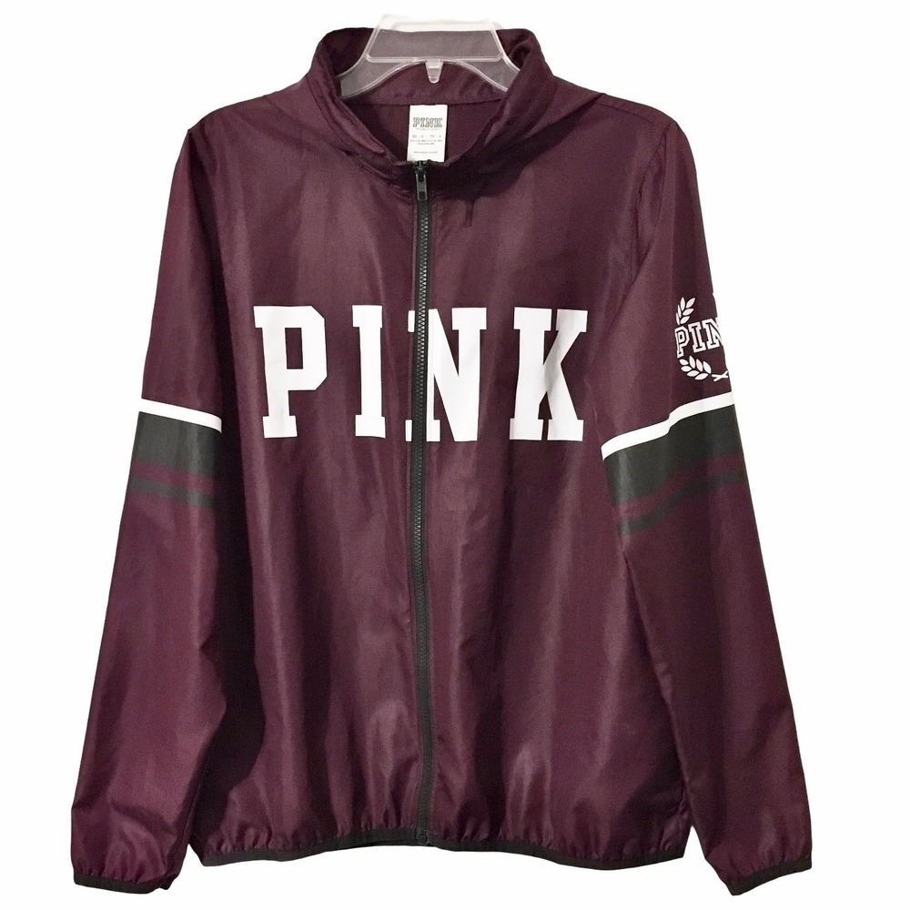 Victoria's Secret PINK Hooded Windbreaker Jacket Burgundy Women XS Full Zip Logo